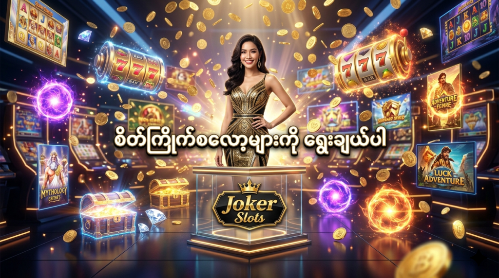 Joker Slots တွင် မိမိစိတ်ကြိုက် အွန်လိုင်းစလော့ဂိမ်းများကို လွယ်ကူစွာ ရွေးချယ်ကစားနိုင်မှုကို ဖော်ပြပေးသည့် အရည်အသွေးမြင့် ပုံရိပ်ဖြစ်ပြီး၊ ခေတ်မီဆန်းသစ်သော ဒီဇိုင်းနှင့် တောက်ပသည့် ရွှေရောင်အငွေ့အသက်များဖြင့် စိတ်လှုပ်ရှားဖွယ် ဂိမ်းအတွေ့အကြုံကို ပုံဖော်ထားပါသည်။

