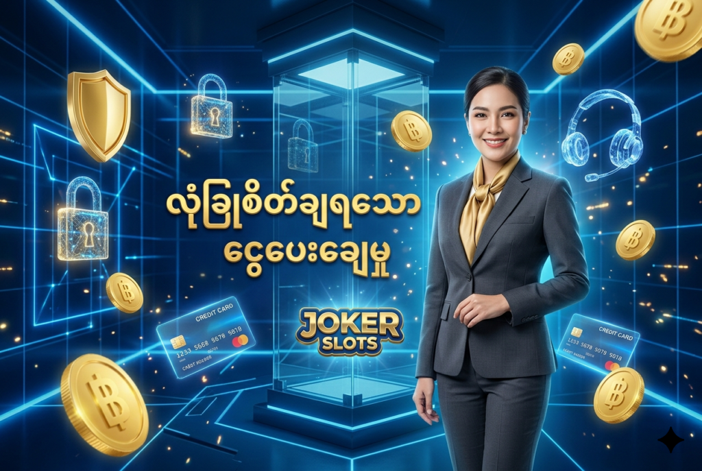 Joker Slots ၏ လုံခြုံစိတ်ချရသော ငွေပေးချေမှုစနစ်၊ အဆင့်မြင့်လုံခြုံရေးနှင့် ၂၄ နာရီ အကူအညီပေးရေး ဝန်ဆောင်မှုများကို ဖော်ပြပေးသည့် အရည်အသွေးမြင့် ပုံရိပ်ဖြစ်ပြီး၊ ခေတ်မီနည်းပညာဒီဇိုင်းနှင့် ယုံကြည်စိတ်ချရသော အငွေ့အသက်များဖြင့် ပုံဖော်ထားပါသည်။